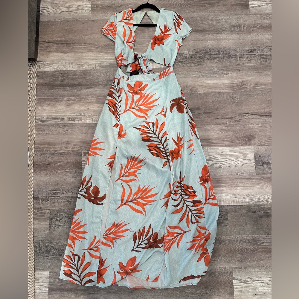 Hot Miami Styles Romper Blue Maxi Dress With Slits NWT